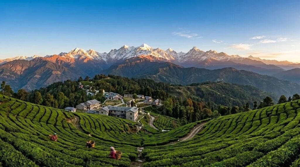 Chaukori tea gardens and Himalayan peaks